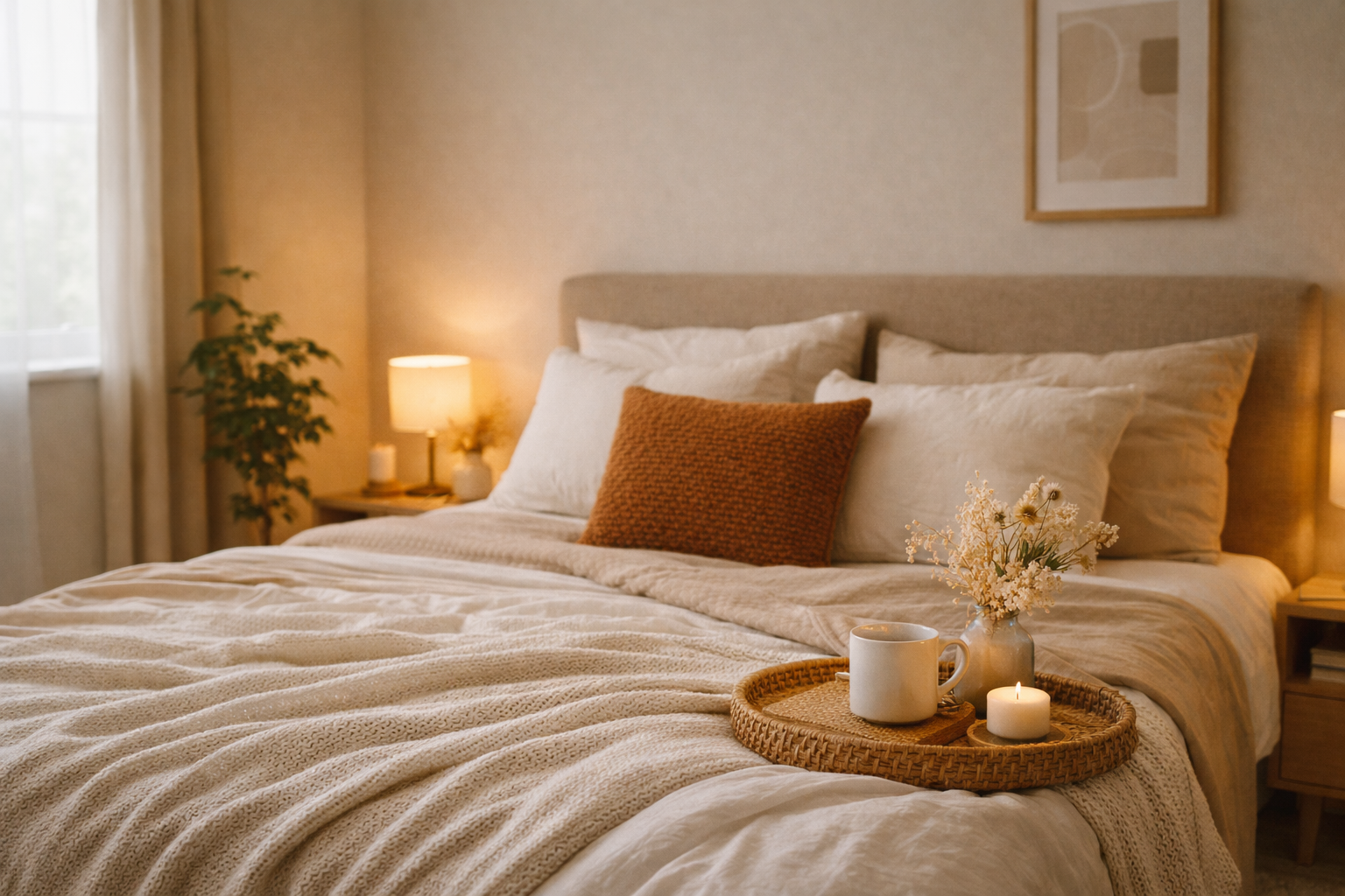Titelbild zu „Schlafzimmer gemütlich einrichten: Tipps für eine warme Wohlfühloase“